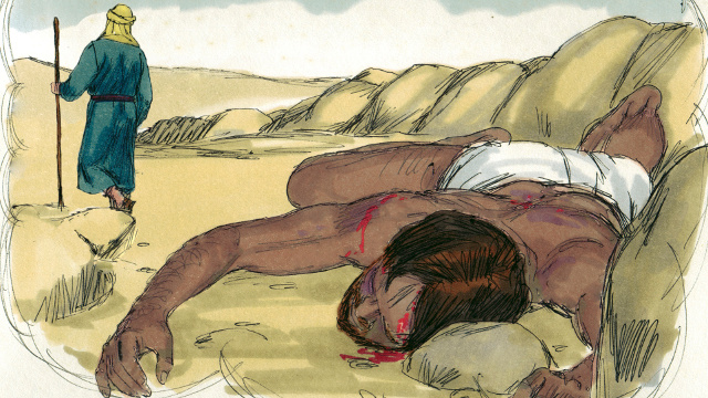 A beaten man by the side of the road